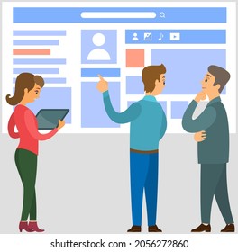 Colleagues discussing design of customer profile. Employees work with account in social media. Internet browser window with open social network. Configuration of profile with user data and photo