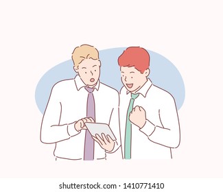 Colegas discutiendo documentos e ideas en la oficina. Ilustraciones de diseño vectorial de estilo dibujado a mano.