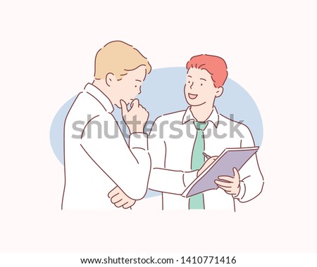 Colleagues discussing documents and ideas at office. Hand drawn style vector design illustrations.