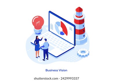 Colleagues discussing near laptop with lighthouse and lightbulb. Business vision concept isometric vector illustration. Development of commercial enterprise cartoon character colour composition