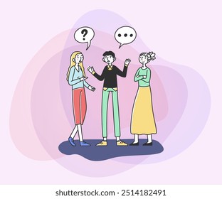 Colleagues discussing new business project or news. Man and women chatting with dialog bubbles. Vector illustration for communication, conversation, discussion concept