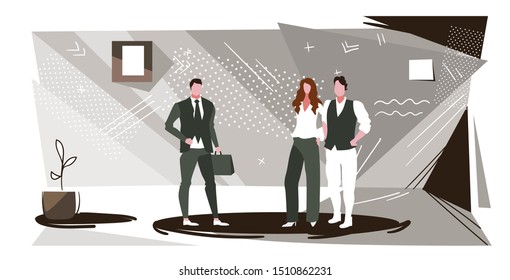 colleagues discussing new project during meeting businesspeople team standing together business communication concept modern office interior sketch full length horizontal
