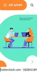Colleagues discussing project during coffee break. People with laptops drinking coffee, talking flat vector illustration. Corporate communication concept for banner, website design or landing web page