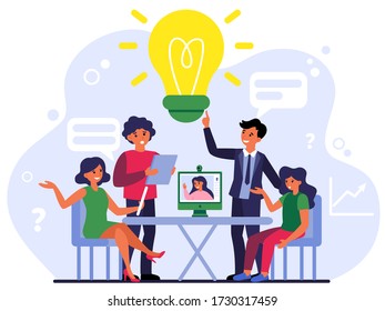 Colleagues discussing project online and offline. Conference call, brainstorm, idea flat vector illustration. Social distance, lockdown, teamwork concept for banner, website design or landing web page