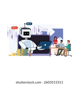 Colleagues discussing projects with humanoid robot on screen, piles of money, charts, and buy sell buttons