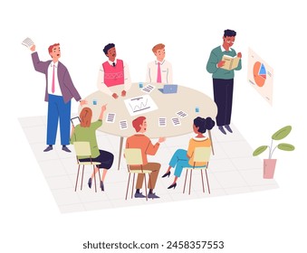 Colleagues discussing at table. Executives meeting or speaking employees dispute at desk boardroom, business company communication work conversing, vector illustration of team business discussion