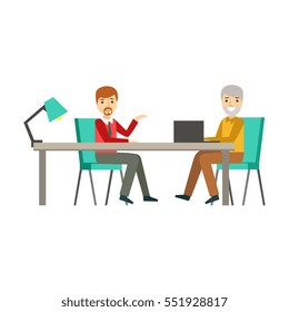 Colleagues Discussing Work At Table, Coworking In Informal Atmosphere In Modern Design Office Infographic Illustration