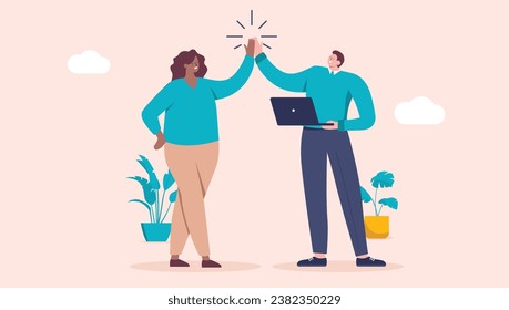 Colleagues doing high five at work - Business man and woman in office doing a good job as a team, celebrating small win, smiling and enjoying work together. Flat design vector illustration 