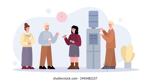 Colleagues drink coffee and conversation talk during office business break.