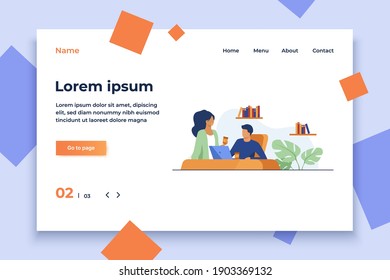 Colleagues drinking coffee in office. Employees holding paper cups, using laptop flat vector illustration. Workplace, coffee break, communication concept for banner, website design or landing web page