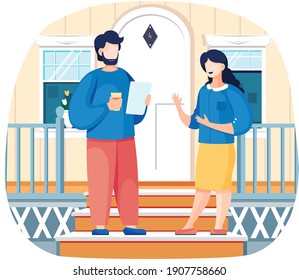 Colleagues are drinking coffee and talking in office stand near entrance on steps. Man and woman communicating outdoor on terrace. Married couple discussing shopping list before going to the store