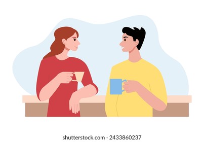 Colleagues are Drinking Coffee and Talking in the Office. Smiling Man and Woman Chatting. Flat Vector Illustration.