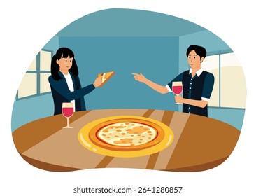 Colleagues eating pizza and having fun. Two People sharing a pizza in a relaxed room with beverages. Friendly and inviting atmosphere.