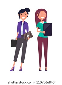 Colleagues elegant businesswomen pretty girls in formal wear discussing business issues vector illustration of executive financier managers isolated