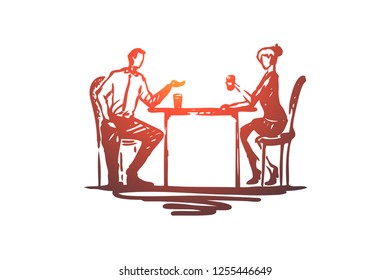 Colleagues, employees, friends vector concept. Businessman and woman sitting, drinking tea of coffee and chatting. Hand drawn sketch isolated illustration