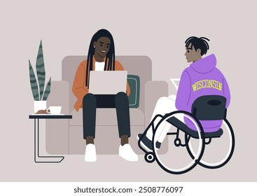 Colleagues engage in a collaborative discussion in an inclusive office environment during a casual work day, fostering creativity and teamwork