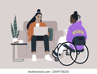 Colleagues engage in a collaborative discussion in an inclusive office environment during a casual work day, fostering creativity and teamwork