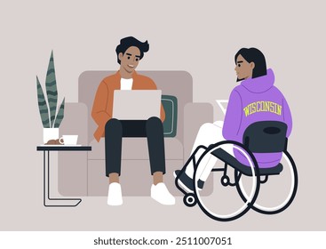 Colegas se envolvem em uma discussão colaborativa em um ambiente de escritório inclusivo durante um dia de trabalho casual, promovendo a criatividade e o trabalho em equipe