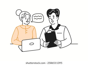 Colleagues engaging in work discussion orange color linear icon. Employees collaborating on project strategy characters doodle illustration
