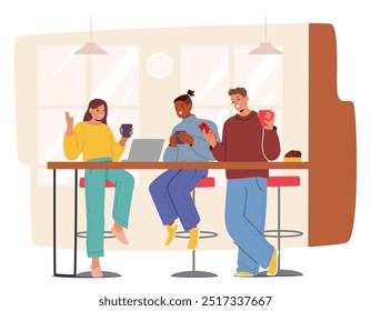 Colegas Disfrutando De Un Relajante Descanso Para Tomar Un Café En Un Moderno Ambiente De Oficina Compartiendo Risas Y Conversaciones. Personajes Charlando Mientras Se Comprometen Con Sus Smartphones Y Una Computadora Portátil. Ilustración vectorial