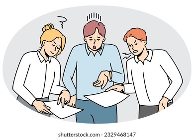 Colleagues fight about company paperwork. Businesspeople have misunderstanding or quarrel at workplace about document or report. Office problems. Vector illustration.