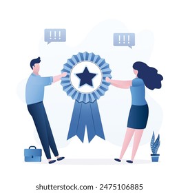 Colleagues fight for the winner's medal, prize for best worker of month. Good work award. Business competition. Businessman and businesswoman holding an reward. Flat vector illustration