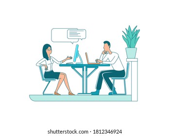 Colleagues flat color vector faceless characters. Business communication. Staff conversation. Coworkers talk. Corporate occupation isolated cartoon illustration for web graphic design and animation
