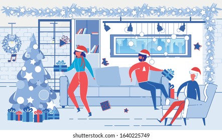 Colleagues or Friends Celebrate Christmas or New Year Together. Woman Put Giftbox under Decorated Fir-Tree, Men Sitting on Couch in Office or Home with Modern Design. Cartoon Flat Vector Illustration