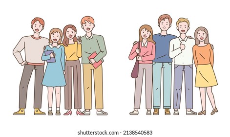 Colleagues and friends are standing together and smiling. outline simple vector illustration.