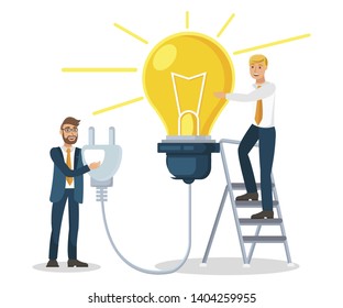 Colleagues Generating Idea Vector Illustration. Employees Switching on Light Bulb, Brainstorming. Product Patent, License Metaphor. Teamworking, Coworking, Collaboration. Man on Ladder Repairing Lamp