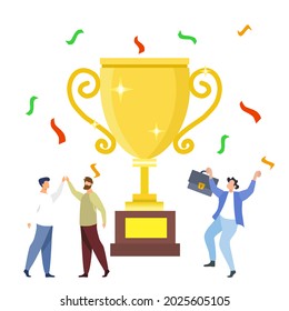Colleagues give hi five to celebrate achievement of project, among big trophy, successful business plan. Achieve company goals, good team