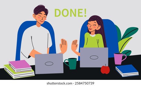 Colleagues give high five after successfully completed their work project. Teamwork cooperation concept. Modern isolated vector illustration.