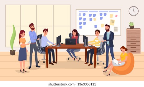 Colleagues group meeting flat vector illustration. Smiling people working with computers cartoon characters. Office interior decor, team building exercise, business development strategy discussion