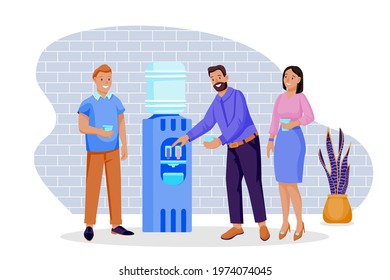Colleagues have a break, talking and drinking water. Vector flat cartoon business characters illustration. Group of people stands near water cooler in office.