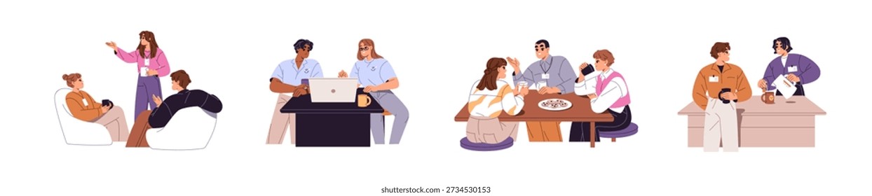 Colleagues have coffee breaks together set. Employees drink tea and talk in the office kitchen. Happy workers communicate while lunch at work. Flat isolated vector illustrations on white background