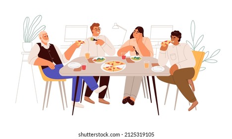 Colleagues having meal, business lunch at dining table in office. People eating pizza together at break. Employees coworkers relaxing, talking. Flat vector illustration isolated on white background