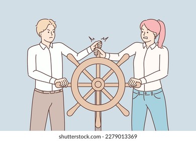 Colleagues hold ship steering wheel move in different directions. Stubborn coworkers follow opposite business goals. Teamwork problems. Vector illustrations. 