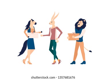 Colleagues holding gift boxes vector illustration. Seller assistants helping customer isolated clipart. Humanized lion and horse with presents. Office corporate party. Animal metaphor for humans