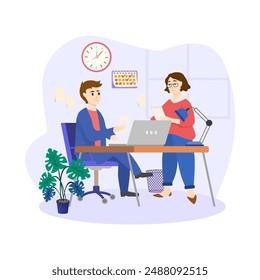 Colleagues illustration. The onboarding process concept, an employee assisting a new colleague in acclimating to their first day at work