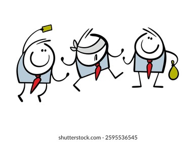 Colleagues are joking about the businessman. Vector illustration of people in the office playing blind man's buff. Blindfolded. Lure you with money. Isolated cartoon man on white background.