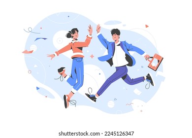 Colleagues jumping and giving high five. Man and woman colleagues jumping and giving high five vector  business illustration. Good job concept, winning, goal achievement idea