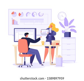 Colleagues of male and female characters sitting and standing at the table, talking in a modern office. Man works on a computer. Effective and productive teamwork. Flat cartoon, vector illustration.