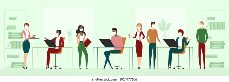 Colleagues in masks working in open space office. Vector illustration.