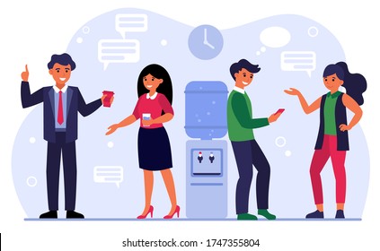 Colleagues meeting, business talk, communication concept. Office people gossiping at water cooler, drinking coffee, discussing work. Flat vector illustration