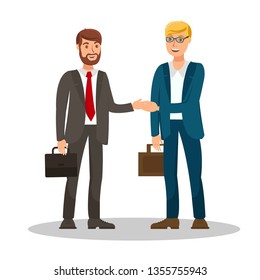 Colleagues Meeting Flat Color Vector Illustration. Men in Formal Clothes Cartoon Characters. People Discussing Contract of Employment, Cooperation. Employee Recruitment, Partnership, Handshake