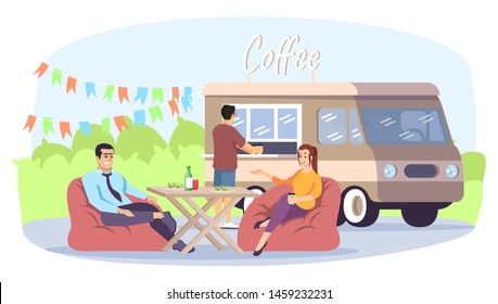 Colleagues meeting at food court flat vector illustration. Couple of friends on bag chairs, coffee truck. Resting man, woman flat vector illustration isolated cartoon characters on white background
