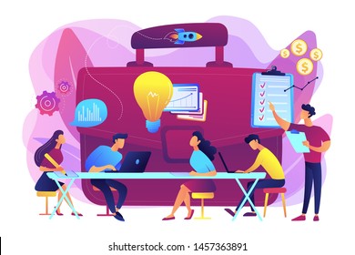 Colleagues meeting. Team brainstorming. Corporate training. Business briefing, teamwork task discussion, business strategy communication concept. Bright vibrant violet vector isolated illustration