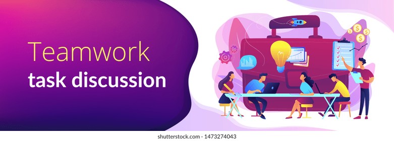 Colleagues meeting. Team brainstorming. Corporate training. Business briefing, teamwork task discussion, business strategy communication concept. Header or footer banner template with copy space.