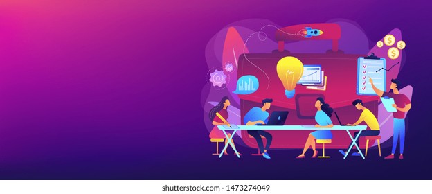 Colleagues meeting. Team brainstorming. Corporate training. Business briefing, teamwork task discussion, business strategy communication concept. Header or footer banner template with copy space.