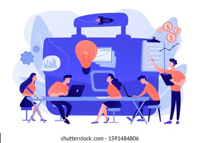 Colleagues meeting. Team brainstorming. Corporate training. Business briefing, teamwork task discussion, business strategy communication concept. Pink coral blue vector isolated illustration